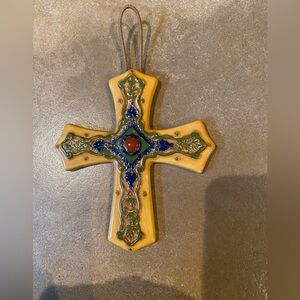 Mexican Cross Spain Earth Tone Folk Art Pottery Wall Cross Floral Ceramic 5"